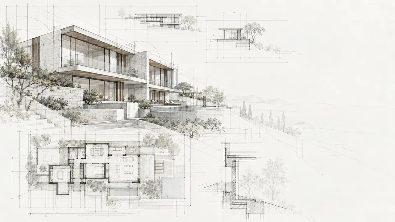 Architekturskizze in Bleistift: Ansicht eines modernen Wohnhauses am Hang mit Grundriss und Detailzeichnungen