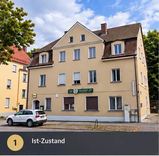 Projekt 02, Ist-Zustand: dreigeschossiges Bestandswohnhaus mit Satteldach vor der Sanierung