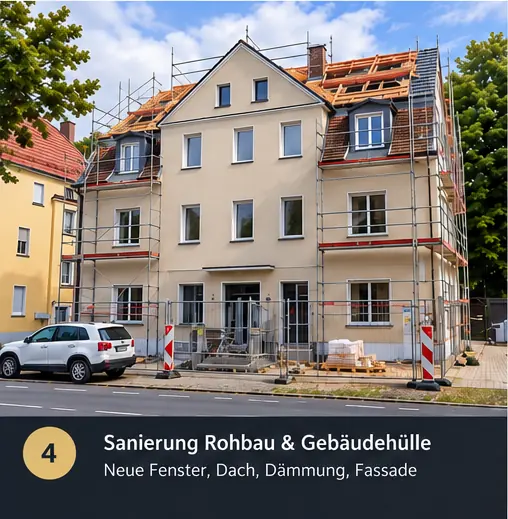 Schritt 4, Sanierung von Rohbau und Gebäudehülle (KI-Visualisierung): neue Fenster, Dach, Dämmung und Fassade